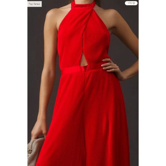 Anthropologie Plisse Halter Jumpsuit in Red 2 - Picture 2 of 13